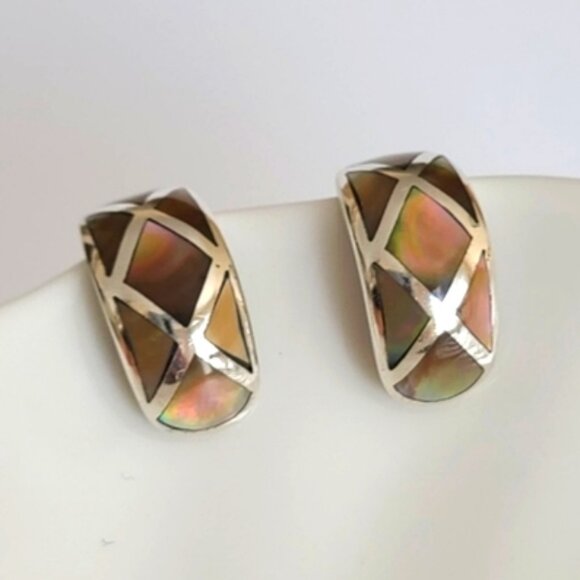 Vintage Chunky Sterling Silver Mosaic Abalone Shell Half Hoop Stud Earrings - Picture 1 of 8